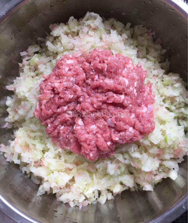 瓜皮切小丁，挤去水份，我就用手挤的，有点费劲，加入肉馅儿；