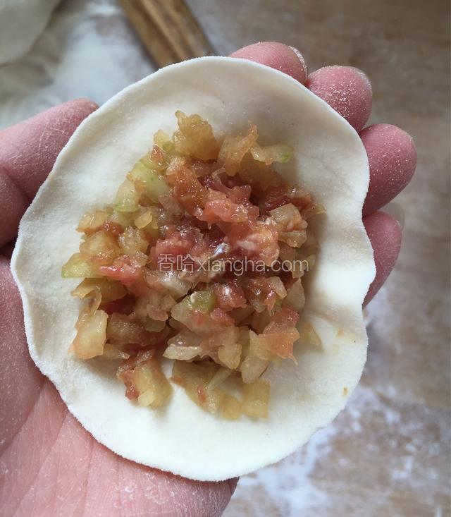 取一个饺子皮中间放馅儿；