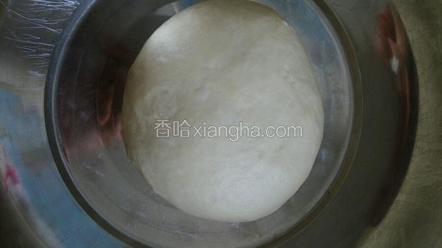 然后和成光滑的面团，盖上保鲜膜放温暖处发酵一小时