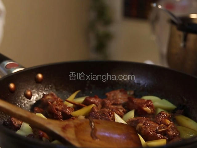 接下来倒入土豆块和盐，炖至十分钟，十分钟后大火收汁