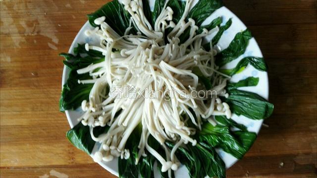 把控净水的上海青和金针菇摆盘成形