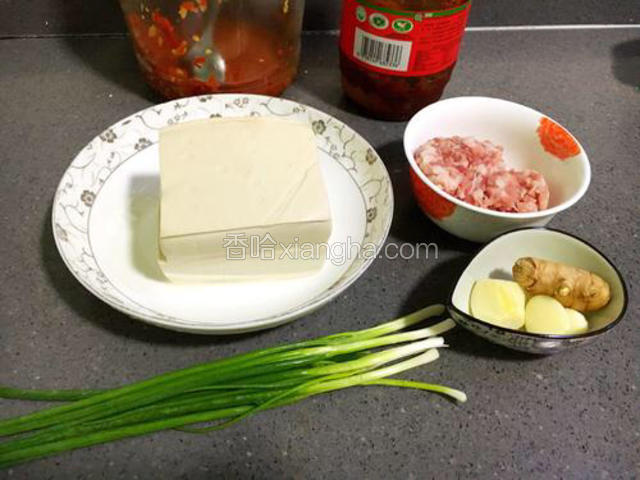 准备食材。豆腐一块、猪肉馅适量、香葱适量、蒜、姜适量。

