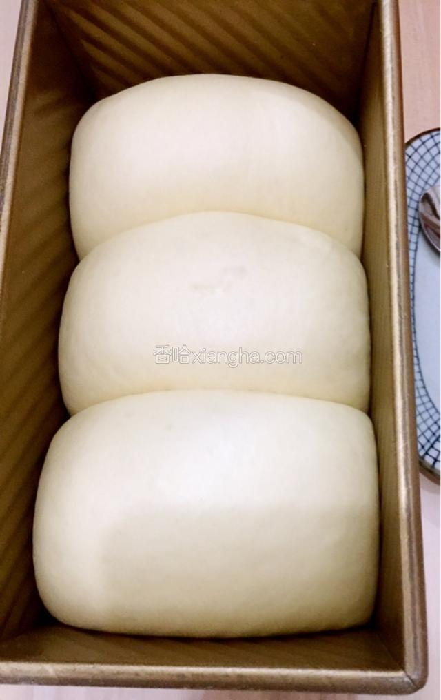 
在擀成牛舌状翻面卷起放入吐司盒进行二次发酵，发酵至八分满，烤箱180度预热10分钟上下管烤45分钟
