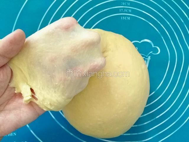 揉匀后继续摔打面团，直至形成较薄的膜。