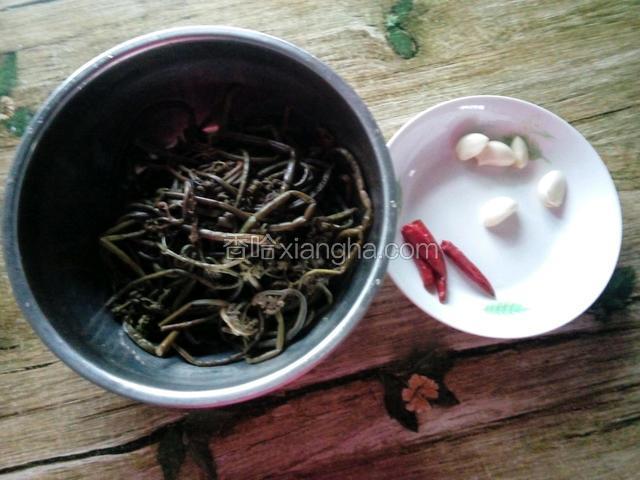 蕨菜焯水后，清水镇一下！捞出沥干水！干红椒3个，蒜5瓣