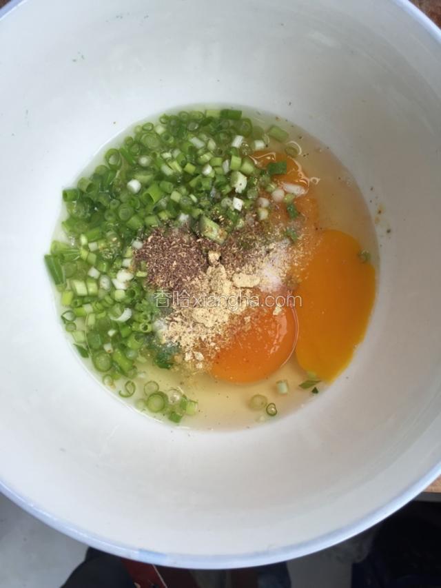 鸡蛋打入碗中，小葱切末放入，加入适量盐、生姜粉，花椒粉，搅拌均匀