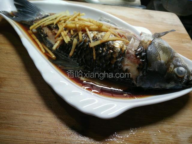 时间到，小心取出蒸好的鱼盘及豉油碗，趁热铺上细姜丝，浇上热的蒸鱼豉油（最好带隔热手套，以防烫伤）