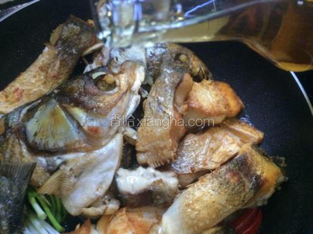 待调料炒香，将之前煎好的鱼铺在上面，倒入适量的料酒