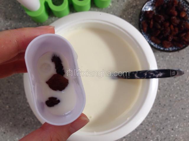 加入一半酸奶，轻震几下，再撒几颗提子干，然后装九分满，插入雪糕棍