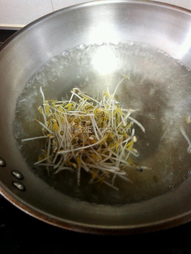 锅中烧水焯豆芽，豆芽有点软即可夹出备用