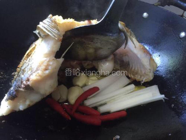 鱼头煎好后，用锅铲将鱼头托起来，将葱姜蒜和辣椒倒入锅中的热油中煎香