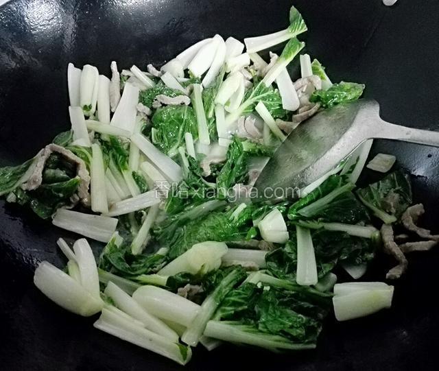 然后把小白菜放下去炒均匀