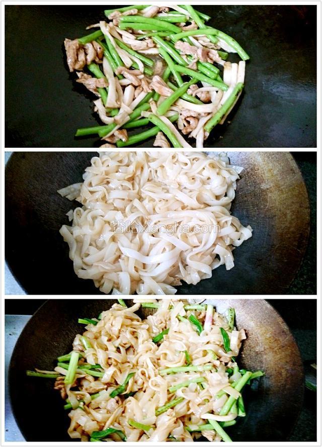 先将肉、菜用蒜末爆香、爆炒熟；另起锅放油、少量生抽炒河粉；将炒好的食材倒入粉中翻炒。