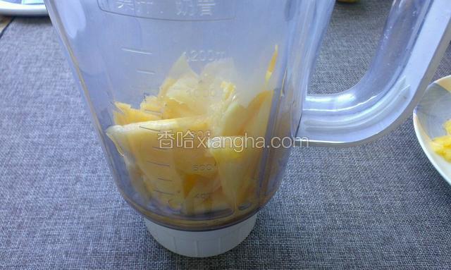 把一半菠萝块放料理机加半杯水８０克，打成果泥