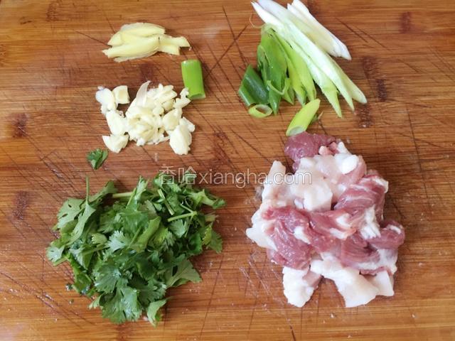 肉切片也可以切丝，蒜拍碎，姜切丝，葱、香菜切小段