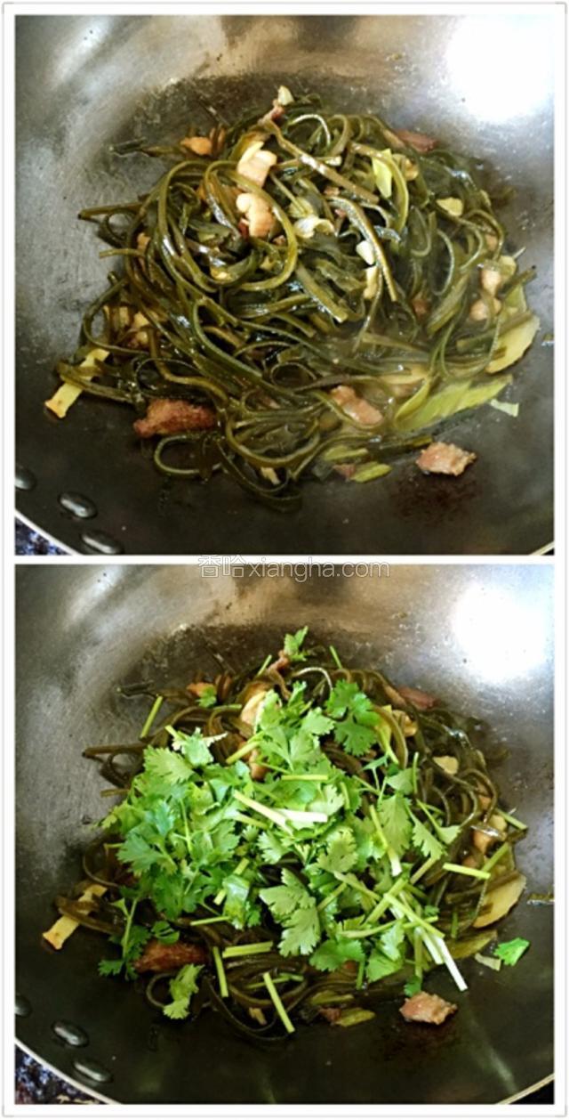 煮好再加适量的鸡粉和香菜翻炒均匀即可关火！我买的海带容易熟，差不多八九分钟就已经熟了！