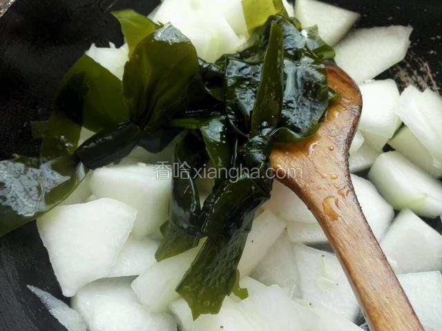 放入海带，加入开水（或高汤），水加到覆盖食材的位置，大火烧开，转小火炖一个小时
