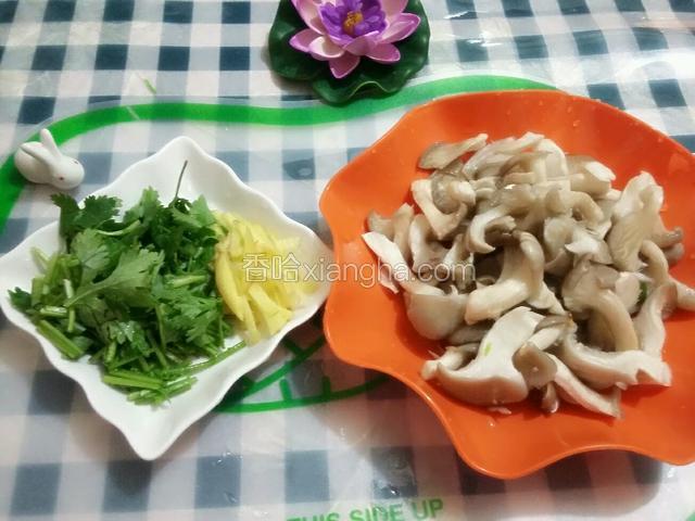 平菇洗净撕丝，姜切丝，香葱切段；