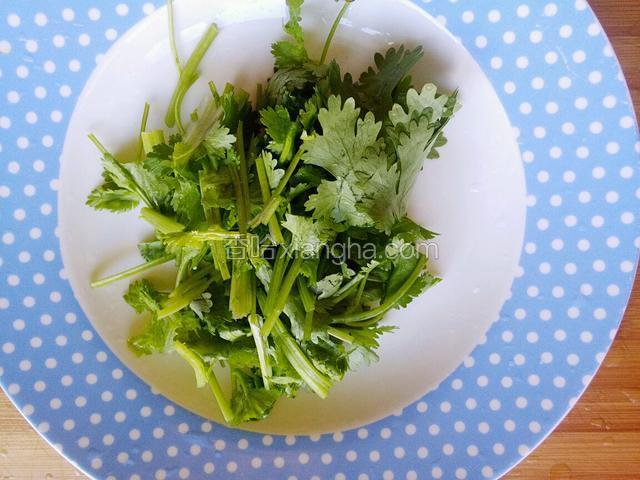 香菜清水浸泡15分钟切段