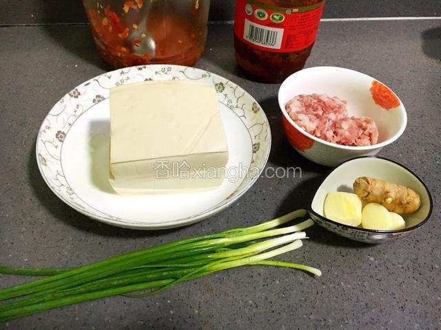 准备食材。豆腐一块、猪肉馅适量、香葱适量、蒜、姜适量。

