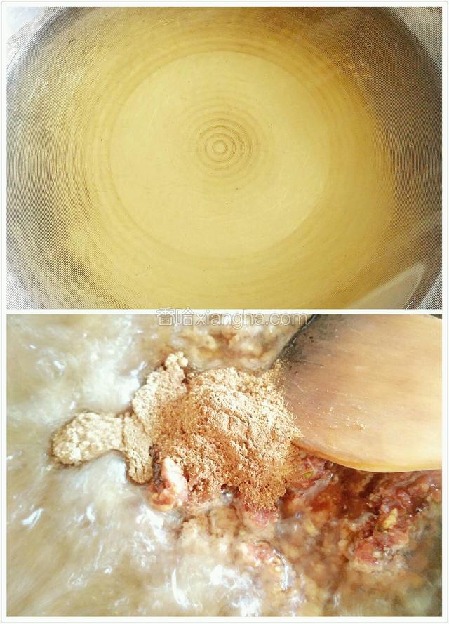 锅内放油，油热后倒入拌好的牛肉馅，加入花椒末和五香粉，中火翻炒，边炒边炸，要一直搅拌，以免炸糊。