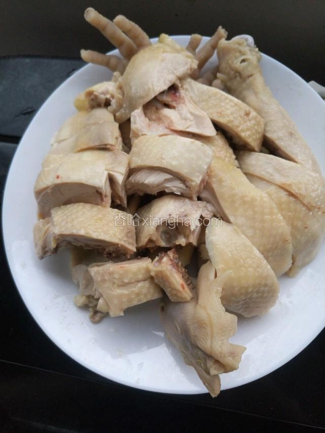 冰好的鸡，砍好摆好，加入上个步骤的汤即可。