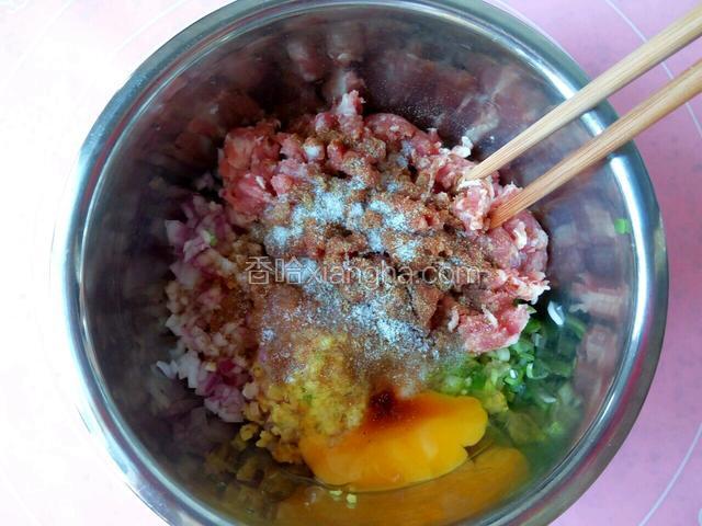 肉馅内加入葱姜圆葱沫，盐，生抽，蚝油，十三香，鸡精，鸡蛋