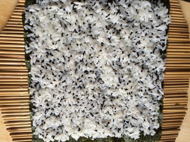 将米饭均匀的铺到紫菜片上压紧实