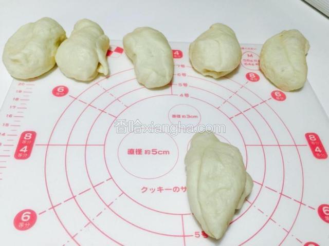 同样的步骤把使用面团都称好，形状很难看、也许大家会担心，没关系的，这样就可以了，还是那句话，不要去过分的动面团，这是让面包好吃的一个重要因素。然后盖上保鲜膜醒面15分钟