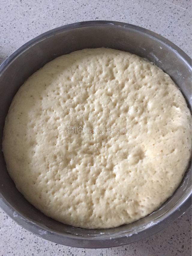 揉成光滑的面团静置发酵一个小时（温度决定发酵时间长短，夏天一般一个小时），发酵好的面团体积是原来的两倍大，呈蜂窝状。