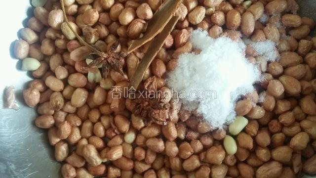 把买回来的花生米洗净放入盆内，加适量的盐·八角两个·桂皮两片·加水用筷子搅动让盐溶入水中泡两个小时