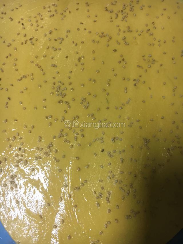 面团擀成大面片，面上刷上一层薄薄的花生油并洒上一层芝麻