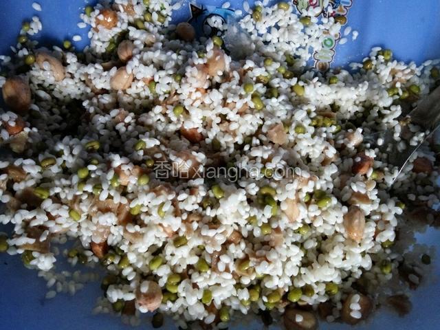 把糯米，花生，绿豆，萝卜干搅拌一起，加入盐，十三香搅拌均匀，再加入猪油搅拌均匀。