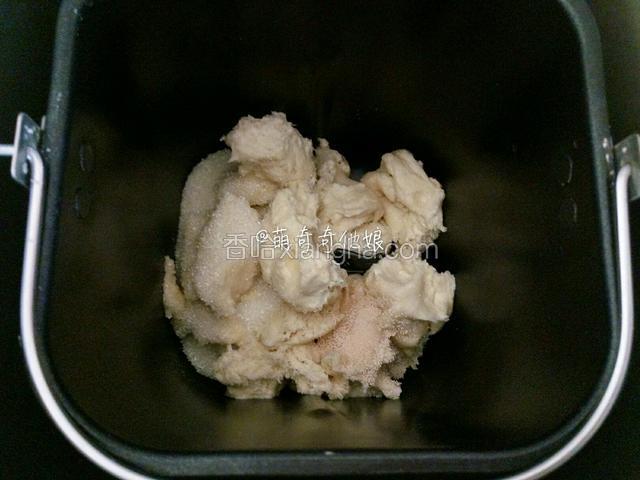 将发酵好的中种撕碎放入面包桶，加入主面团材料。启动面包机自助揉面。