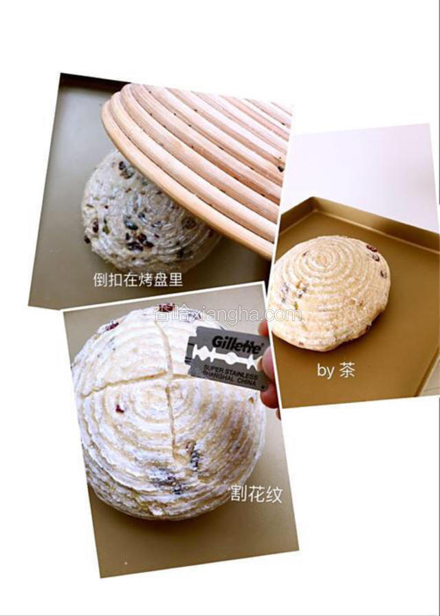 轻轻的倒扣在烤盘里我用的是三能小金盘，无需垫油纸进行割包，割出自己喜欢的花纹这个刀片很好用。哈哈烤箱预热170度（根据自己的烤箱温度）中下层烤20分钟