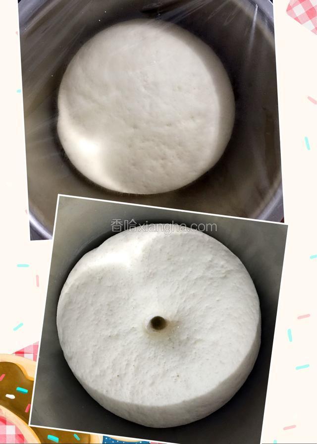 待面粉发酵至原來2倍大，手指沾粉插个洞不回缩面就发好了。