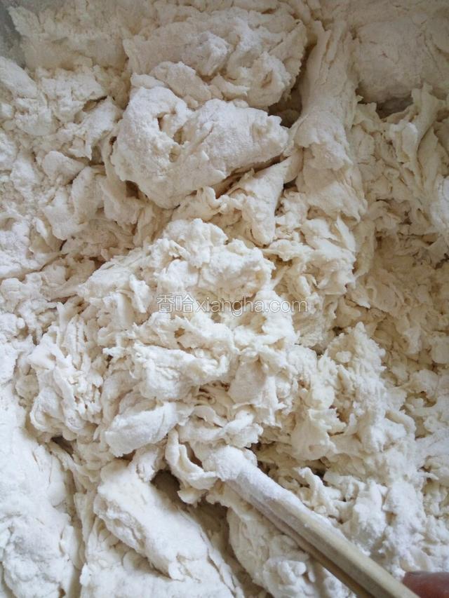 取适量面粉加酵母4克，用温水搅拌成碎片状(我不喜欢在面粉中加糖，亲要喜欢可以加点白糖)