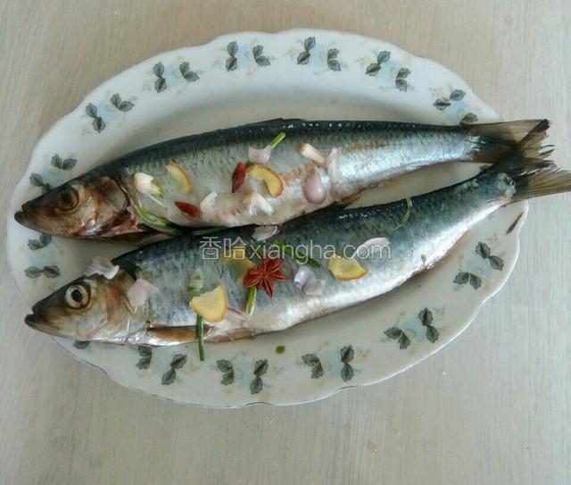 沙丁鱼鱼肚内外放入盐，小洋葱，姜片，大料，料酒，涂抹均匀腌制20分钟。