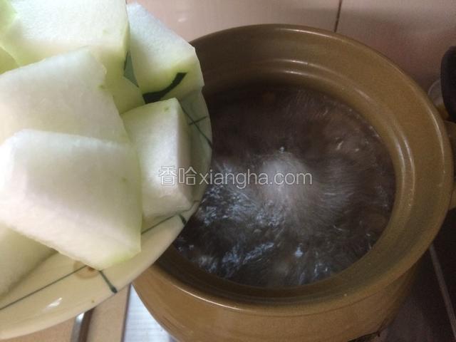 很快骨头汤煮开了，倒入冬瓜～