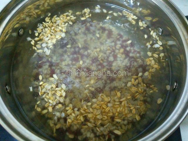 锅中添小半锅水，开大火，水开后放入放入红豆薏米燕麦，锅滚起来后，盖上锅盖转小火慢炖