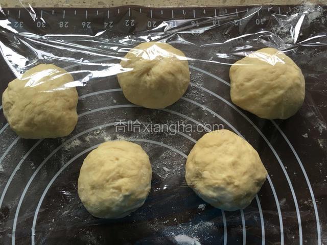 发酵好的面团排气，平均分成五个，每个重量在68g左右。盖保鲜膜，中间松弛20分钟。