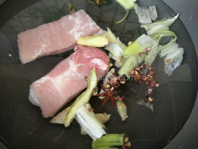 葱姜肉凉水下锅，放入花椒，八角