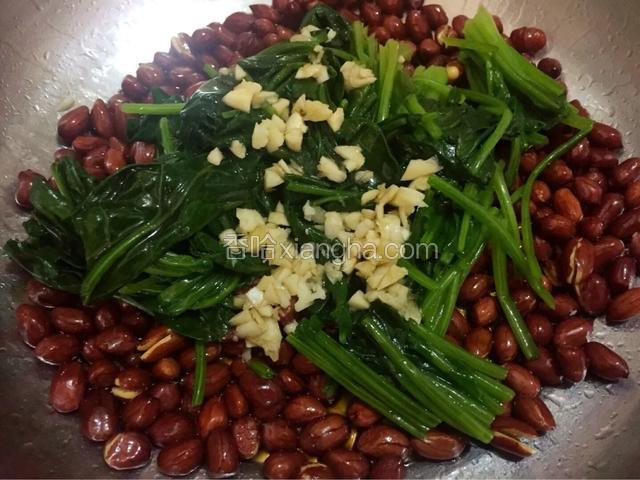 将花生仁和菠菜放入较大容器中，加入蒜末，鲜味酱油，醋，香油，盐搅拌均匀
