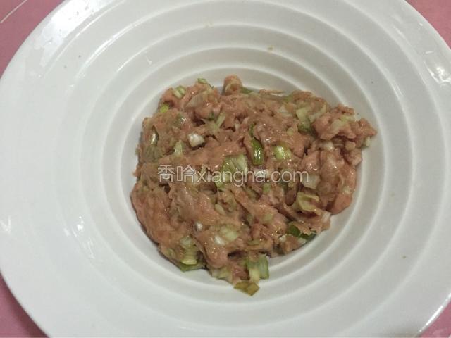 肉糜加入葱花，酱油，盐，香油搅拌均匀
