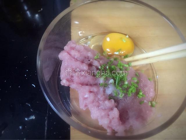 剁碎的瘦肉，加入鸡蛋，盐，香葱，搅拌均匀