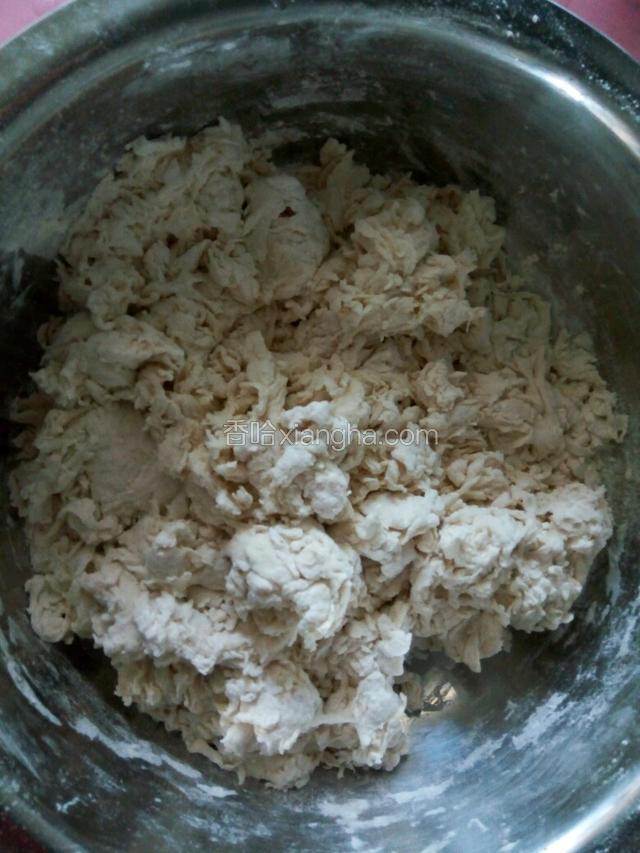 温水酵母化开，加入面粉搅成絮状活成面团发酵
