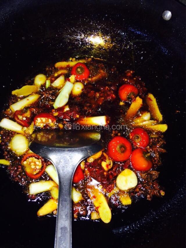 将泡椒，泡姜，生姜，大葱，蒜，郫县豆瓣倒入翻炒，至炒出香味。