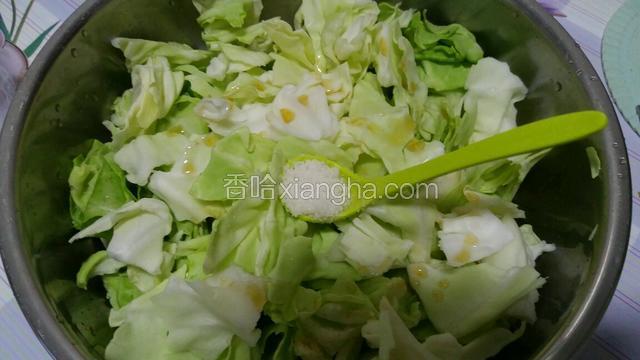 将撕好的菜撒上盐和少许香油
然后端起盆左右摇晃，使盐和
香油均匀分布在菜的上面，盖
上盖腌制五分钟！