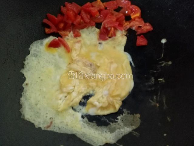圣女果推向炒锅的一侧，加入已搅拌好的鸡蛋，炒至半熟与圣女果混合同炒至蛋全熟。