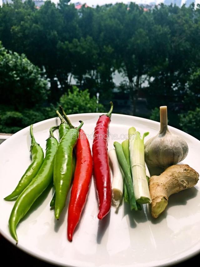 准备青红椒与葱姜蒜